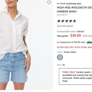 J. Crew Women's High-rise midlength denim short, harbor wash, Size 27